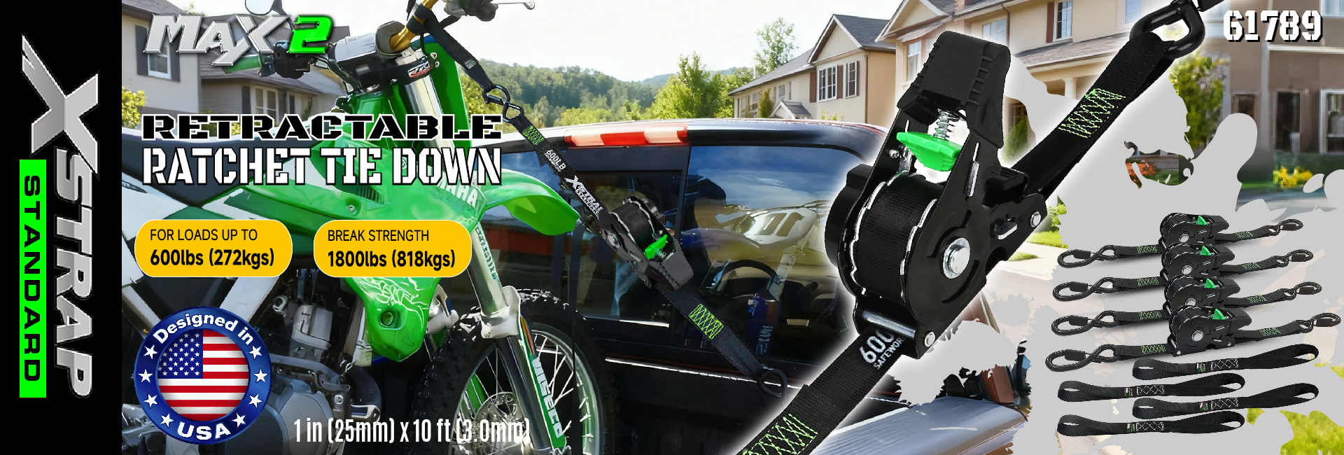 Xstrap 61789 Retractable Ratchet Tie Down Straps 1 in x 10 ft Secure Tie-Downs para sa Motorcycle Jetski Kayak Breaking Strength 1,500LBS/680KG