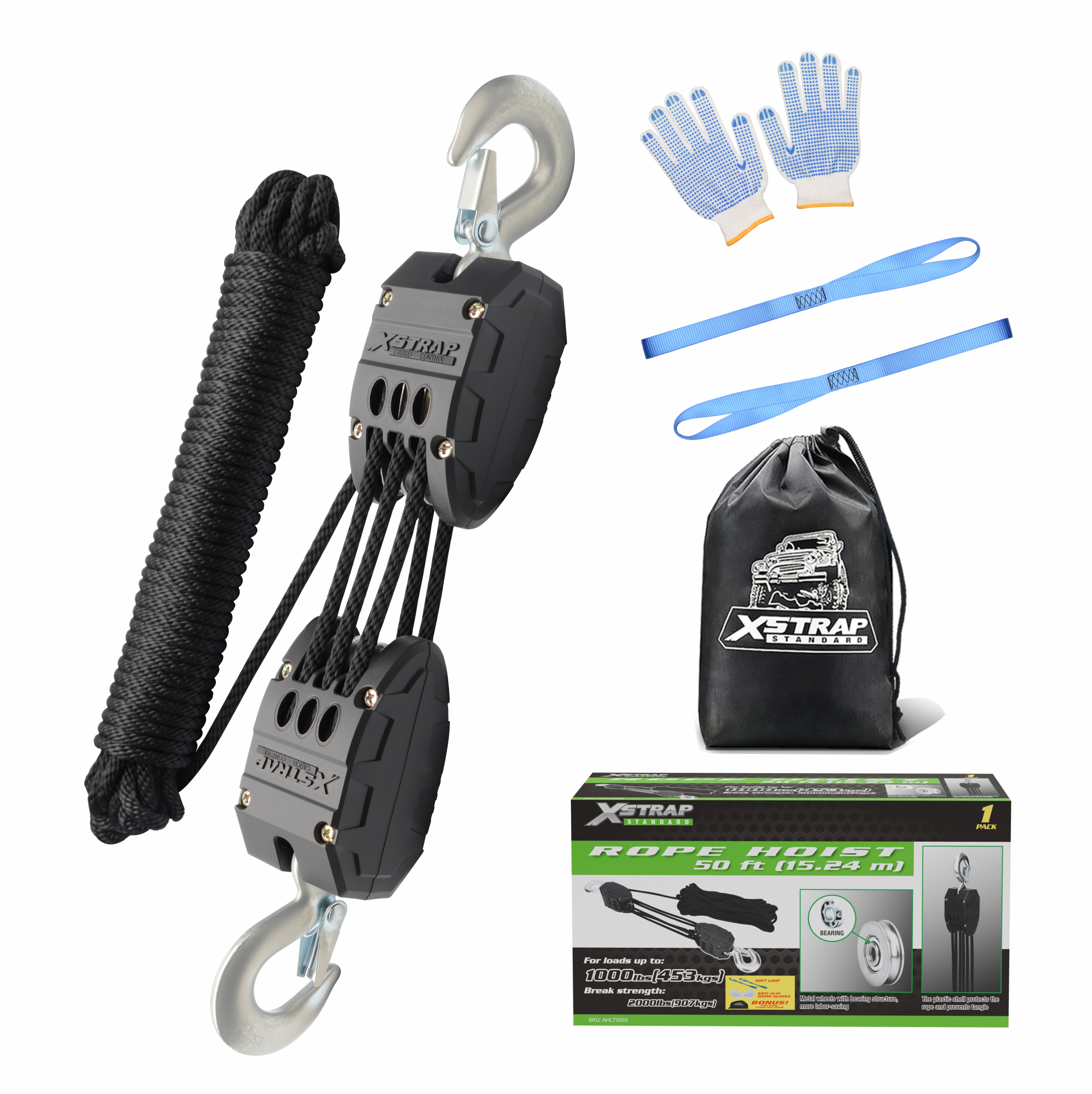 XSTRAP AHLT0003 Black Rope Hoist Pulley System 1000LB