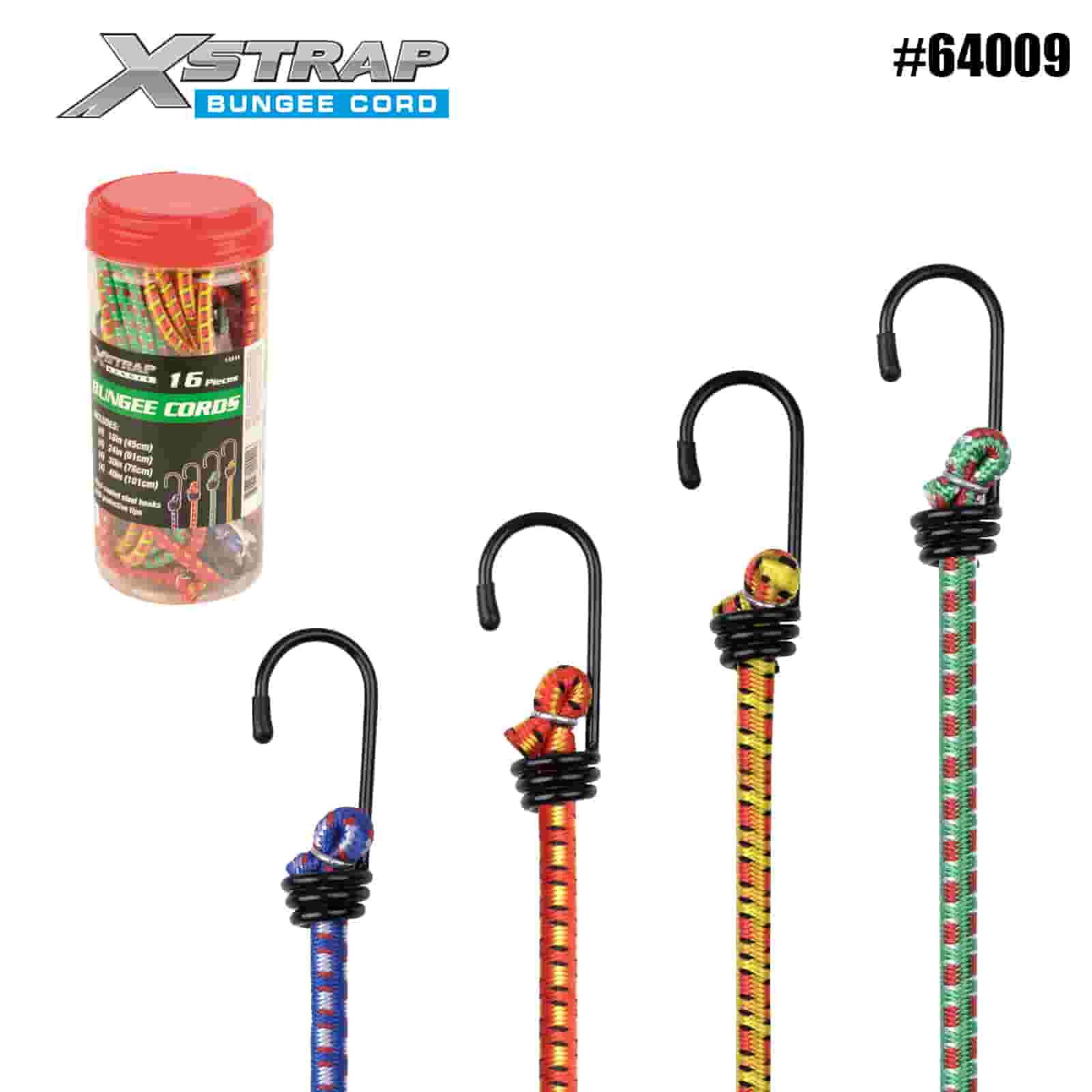 Xstrap 64009 16PK Bungee Cords 8mm x 18”/24” /30”/ 40” 44-55lbs SWL